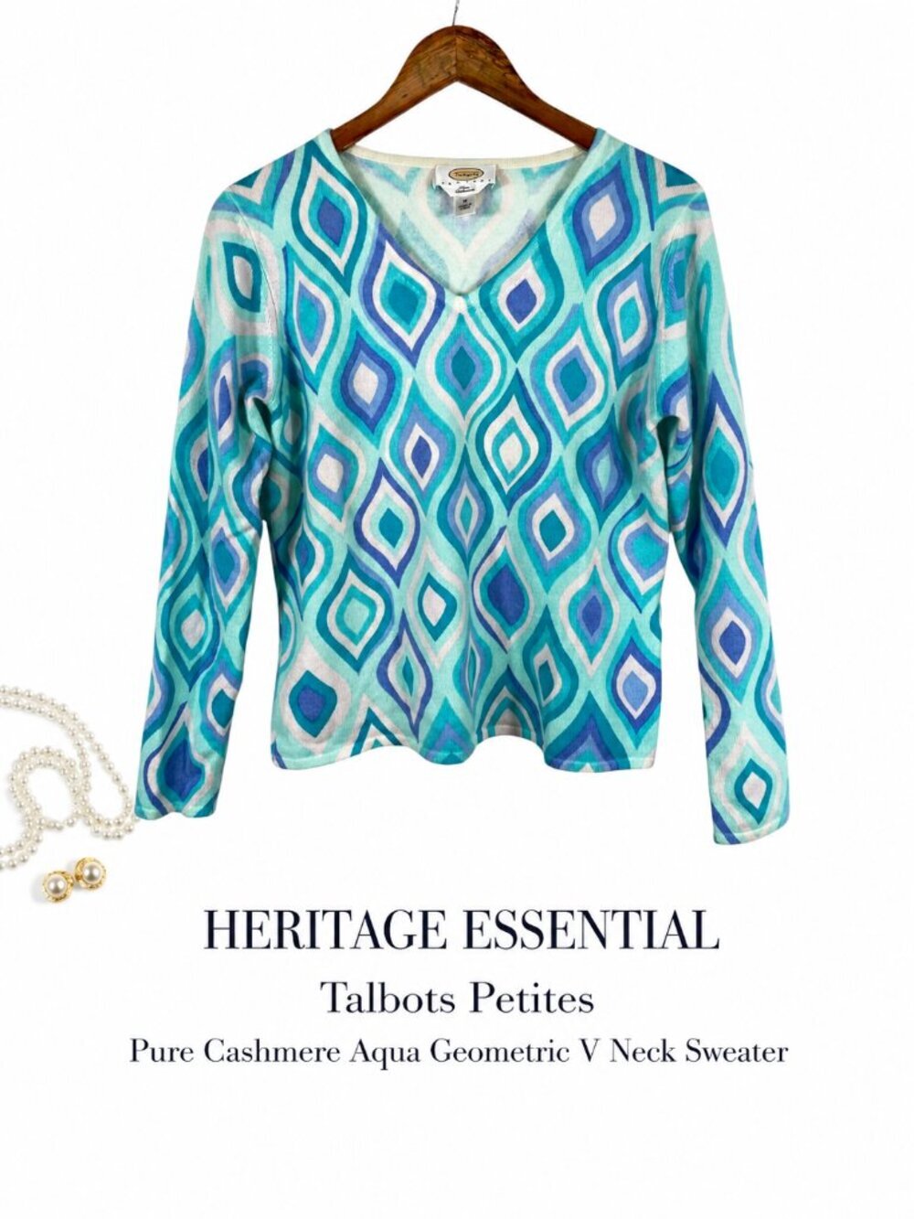 Talbots Petites Pure Cashmere Aqua Geometric V Neck Sweater Medium